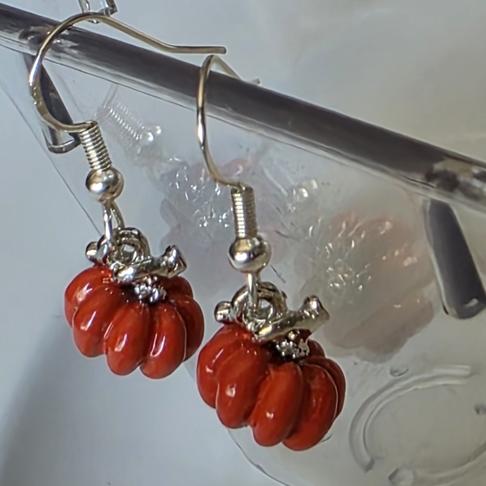 3D Harvest Pumpkin Dangle Earrings 925 Sterling Post